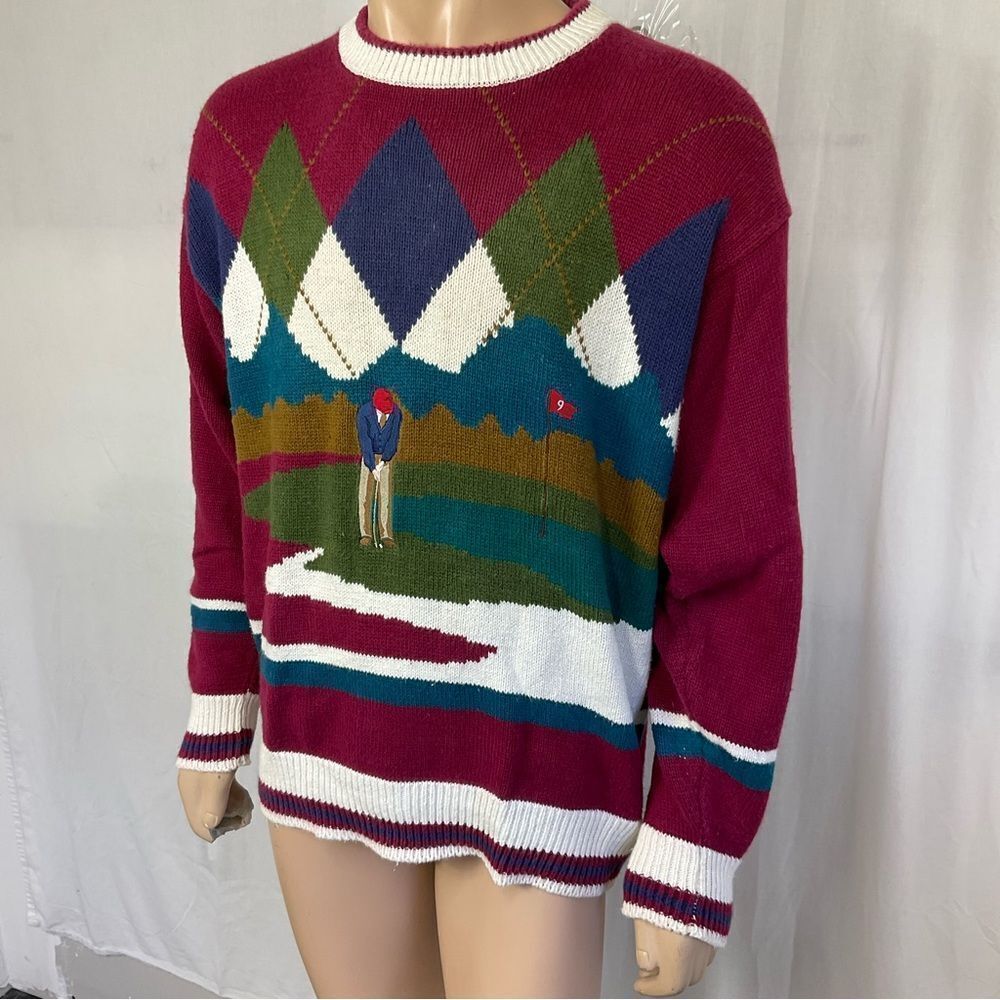 Par Four Vintage 90’s Men's Multicolor Argyle Golf Golfer Printed Crew Sweater L - Picture 4 of 10